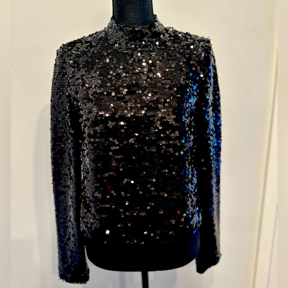 NWOT H&M Black Sequin Front Mock Neck Long Sleeve Satin back Blouse Top size 4